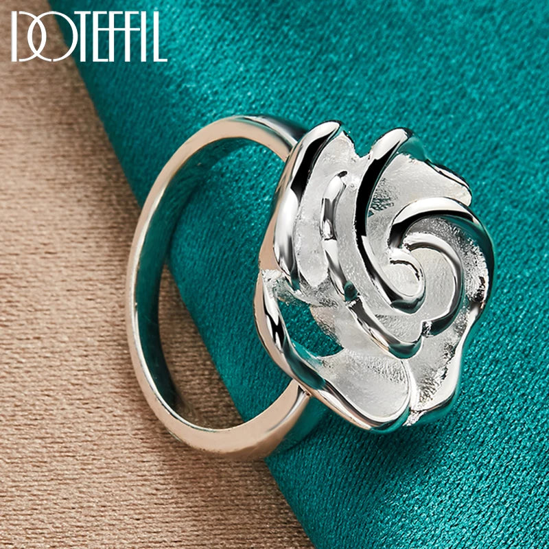DOTEFFIL 925 Sterling Silver Rose Flower Blossoms Ring For Woman Fashion Wedding Engagement Party Gift Charm Jewelry