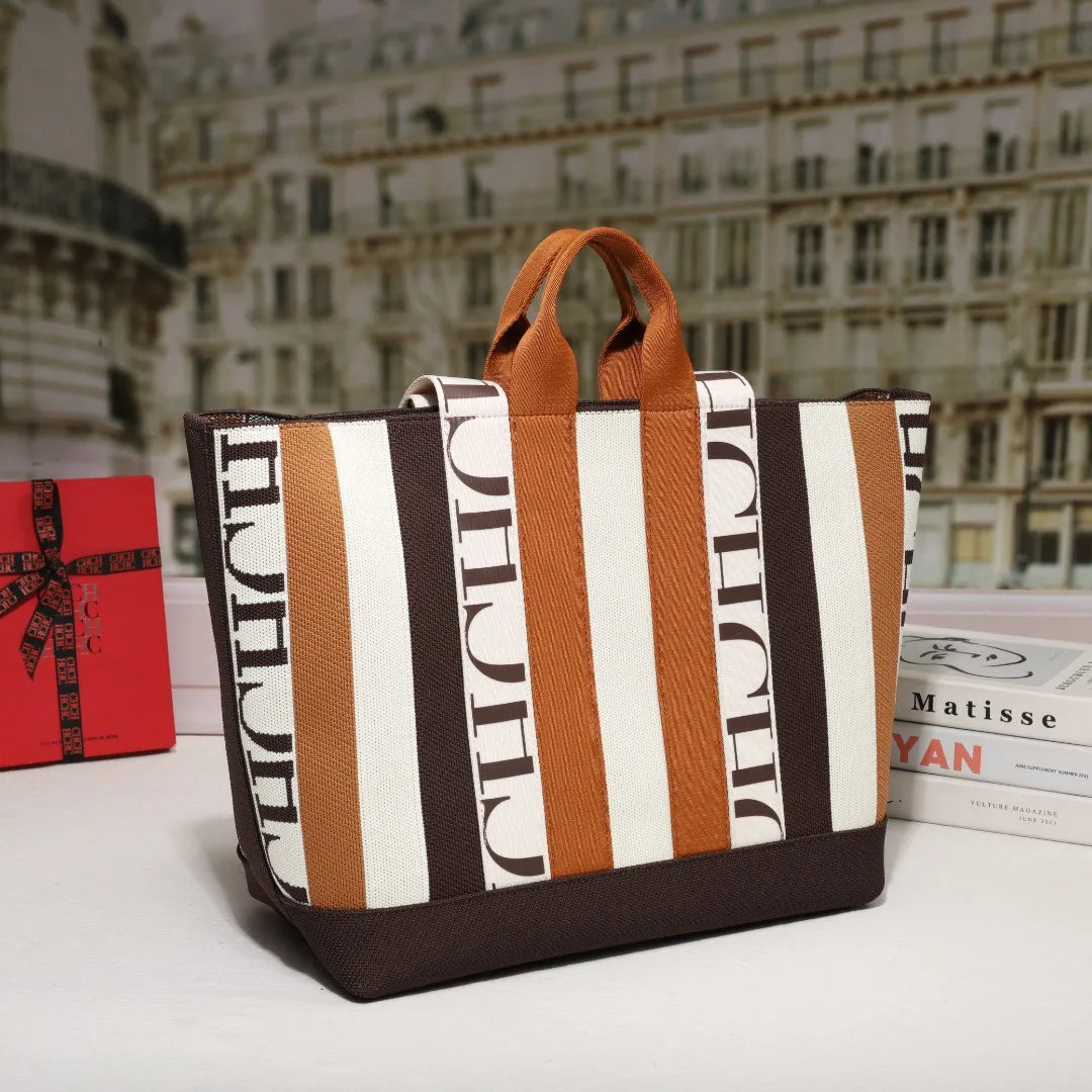 Women's Tote Bag Simple Stripe Design Women's Shoulder Bag Letter Print Large Capacity Commuter Style Classic Ladies Crossbod