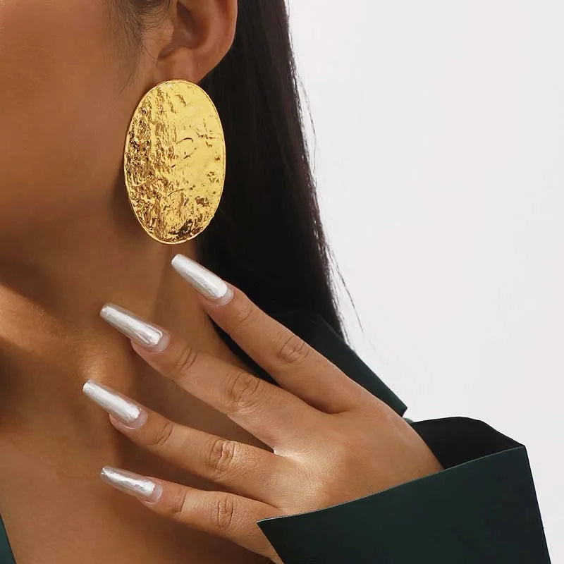 Exaggerated Gold Color Big Oval Stud Earrings for Women 2024 Classic Metal Textured Geometric Statement Earrings Party Jewelry