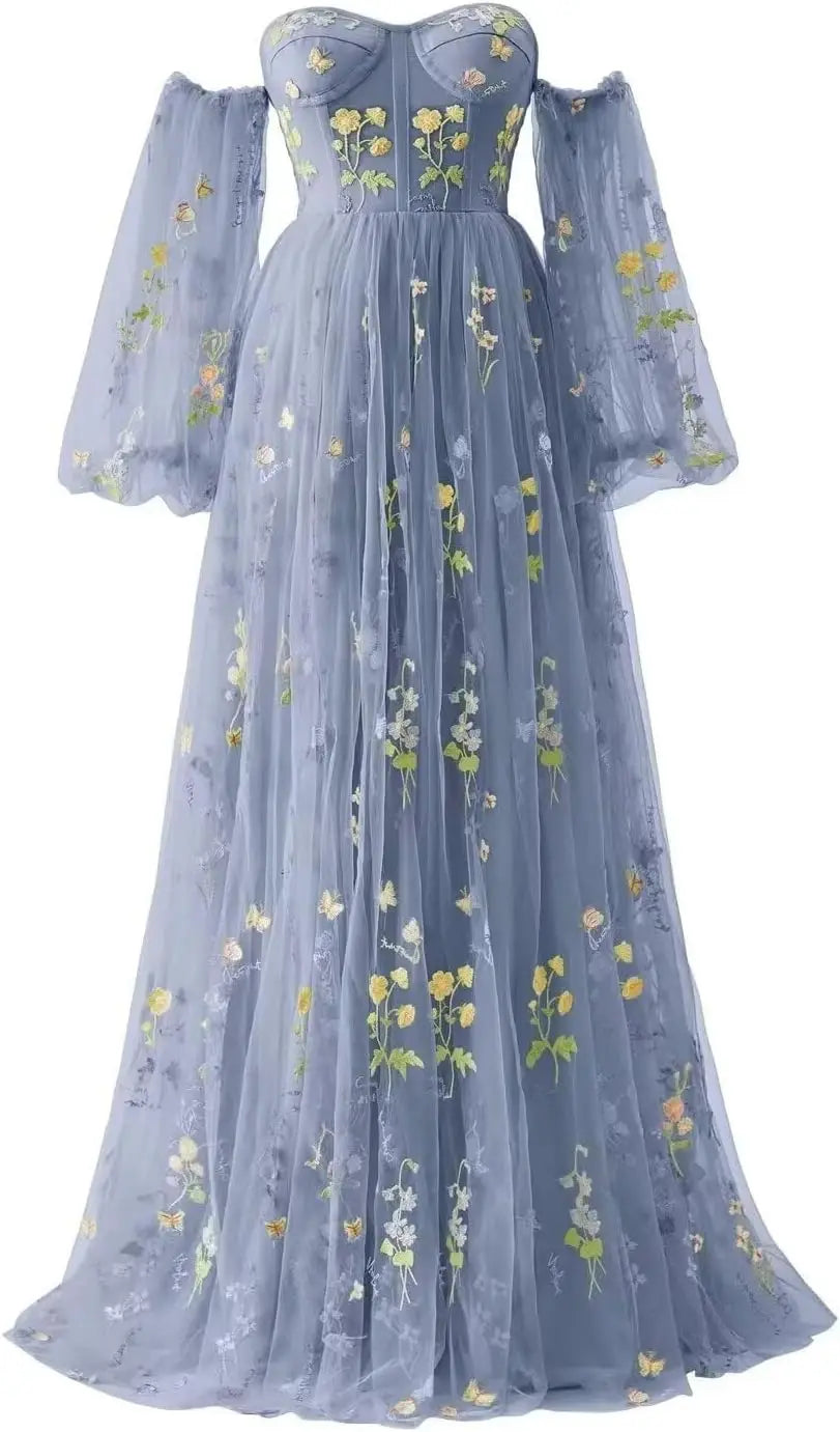 Tulle Prom Dresses for Women Flower Embroidery A-Line Formal Evening Party Gowns Formal Dress Women Elegant Evening Dress