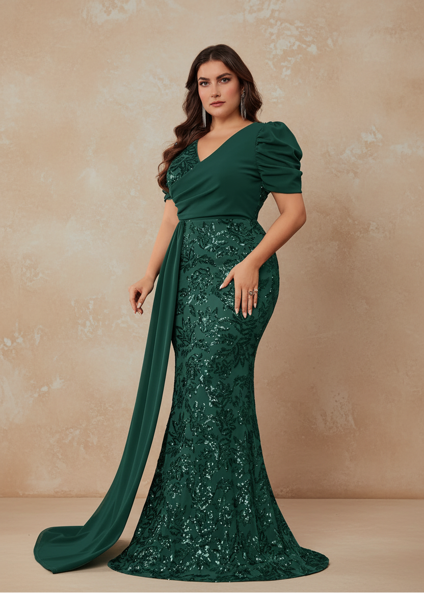 Plus Size Elegant V-neck Sequins Evening Dress Women Short Sleeves Mermaid Formal Luxury Party Streamer Prom Dress