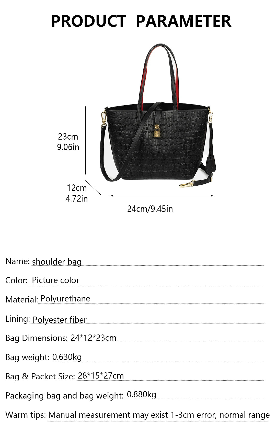 CH Embossed Monogram Tote Handbag Detachable Crossbody Strap Gold Lock Hardware Daily Fashion Women Bag