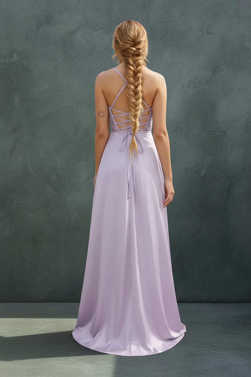 Pleated Satin A Line Prom Dresses for Women Spaghetti Straps Sequin Corset Formal Dress with Slit Formal Dress Women Elegant