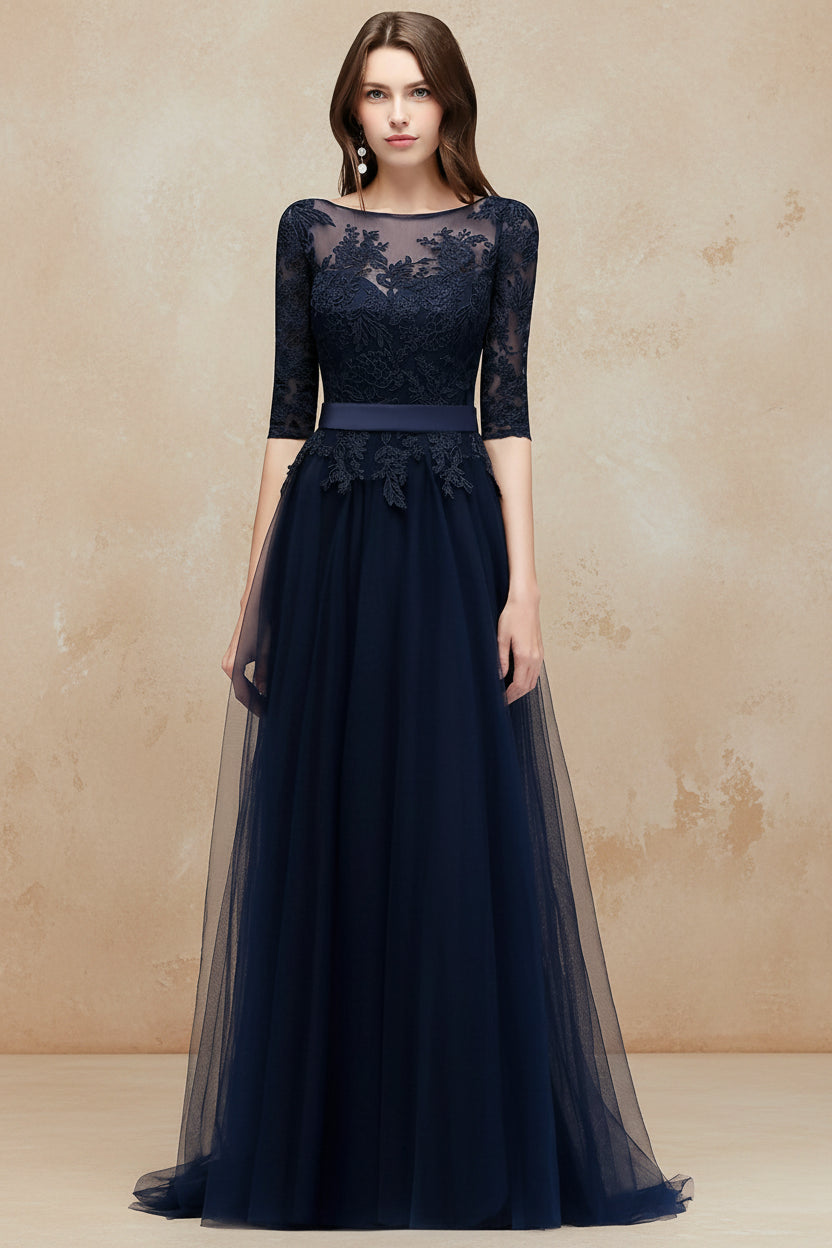 Navy Blue Lace Long Evening Dresses Elegant Half Sleeve Appliques Tulle Formal Party Prom Gown Backless With Belt Robe De Soiree