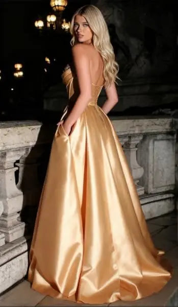 Strapless Sequin Prom Dresses Long with Slit Satin Formal Party Dress
