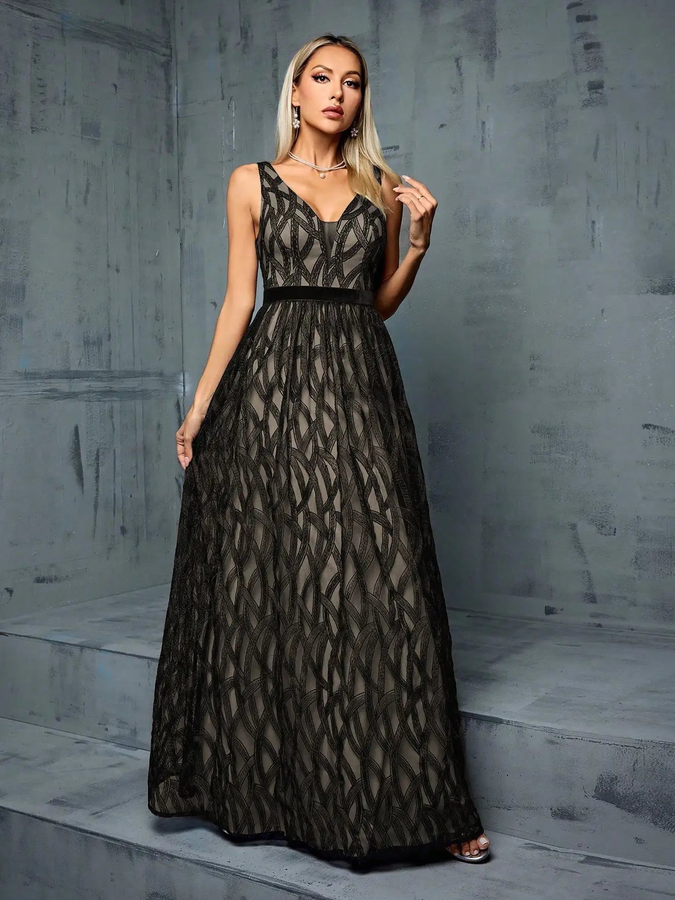 V-Neck Embroidered Lace Maxi Dress