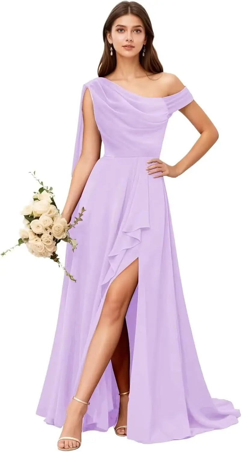 Chiffon One Shoulder Bridesmaid Dresses for Women with Pleated Ruffles A Line Long Formal Dress with Slit
