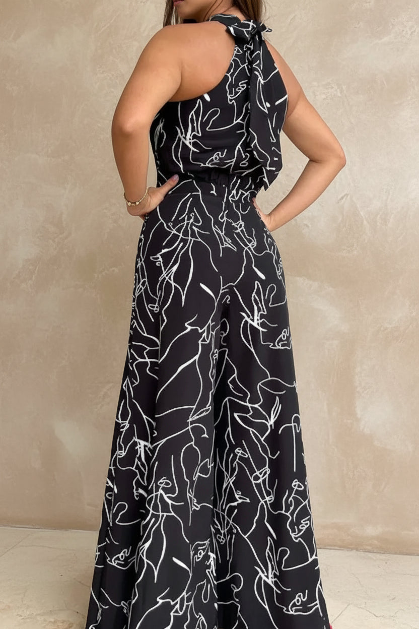 Summer Women's Elegant Waist Halter Jumpsuit Tie Sleeveless Wide Leg Long Pant Bodycon Abstract Print Streetwear Romper Mujer