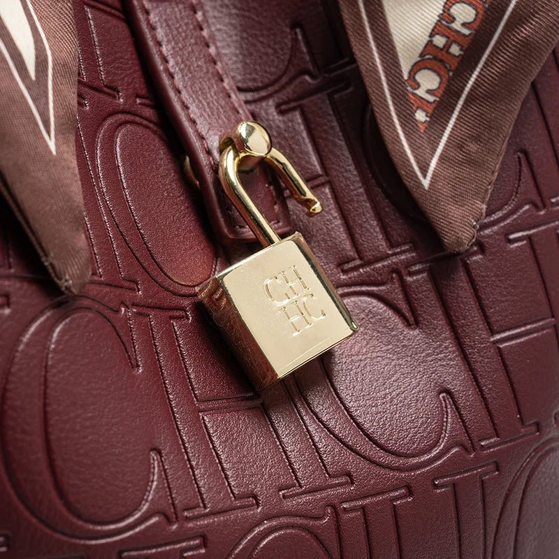 CH New Tote Bag Embossed Logo Silk Scarf Decor Lock Buckle Burgundy Fashion Women Casual Daily Handbag