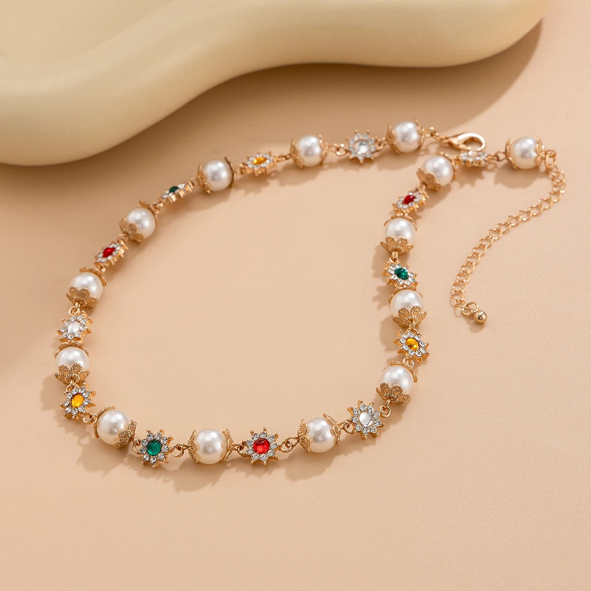Salircon Luxury Rhinestone Flowers Beads Choker Necklace for Women Elegant Imitation Pearl Clavicle Chain Wedding Party Jewelry