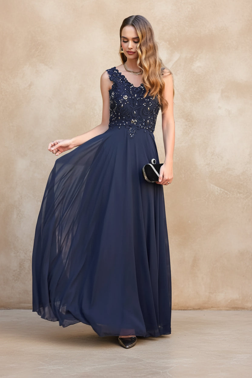 Navy Blue Chiffon Lace Beaded Evening Dresses V Neck Crystal Sleeveless Elegant Formal Party Prom Gowns Vestido De Fiesta Bride