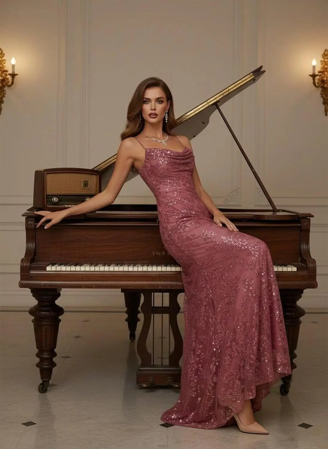 Lace Sequin Backless Spaghetti Strap Long Prom Dresses Women 2026 Sparkly Pleated A Line Formal Evening Ball Gown Party Dresses