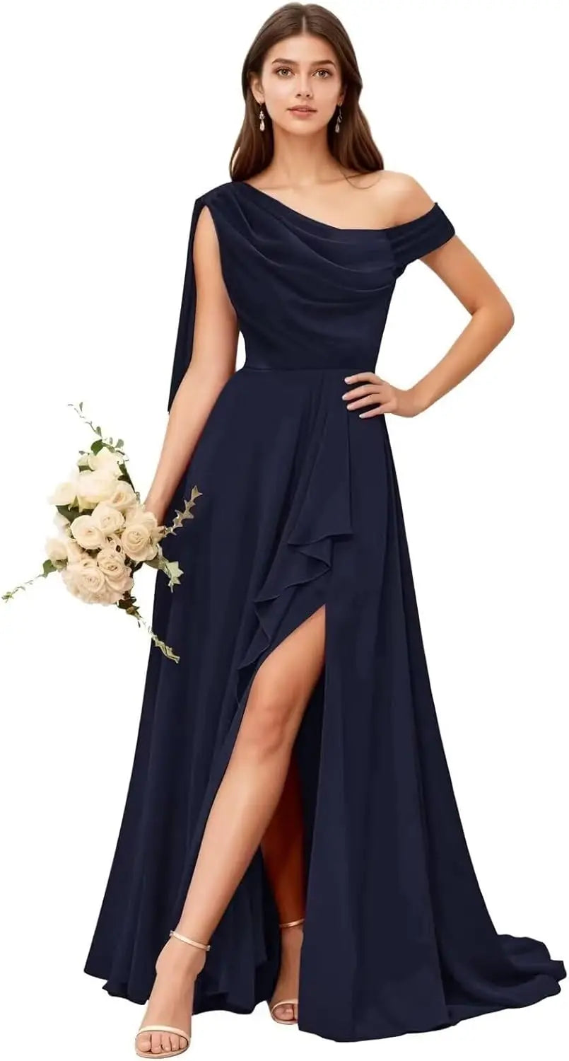 Chiffon One Shoulder Bridesmaid Dresses for Women with Pleated Ruffles A Line Long Formal Dress with Slit
