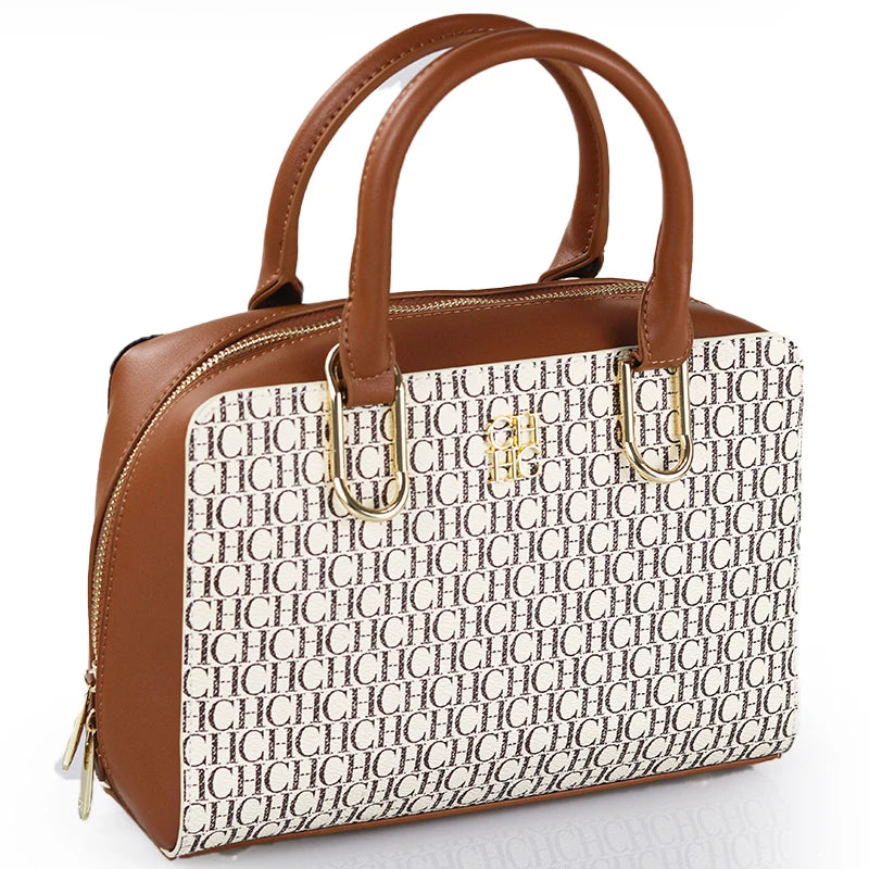 CH Luxury Boston Bag Women Woven Texture PU Leather Top Handle Handbag Metal Hardware Zipper Shoulder Bag for Daily Commute