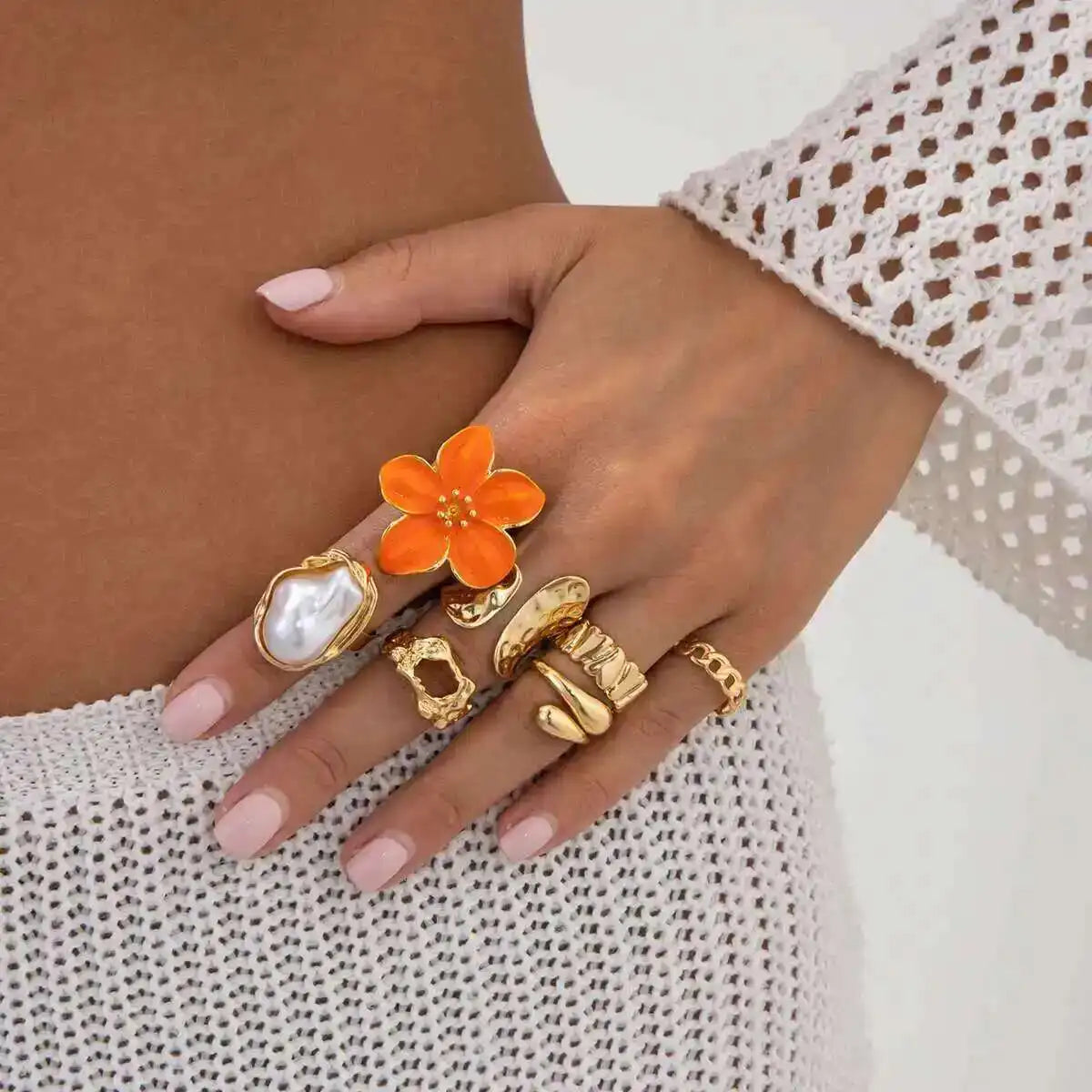 KunJoe 7Pcs/Set Imitation Pearl White Flower Open Ring for Women Trendy Geometry Water Drop Adjustable Finger Ring Jewelry Gift
