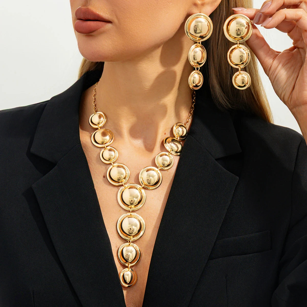 Salircon Women Punk Metal Y-Shaped Chain Jewelry Set Exaggerated Geometric Smooth Circular Spliced Long Necklace And Earrings
