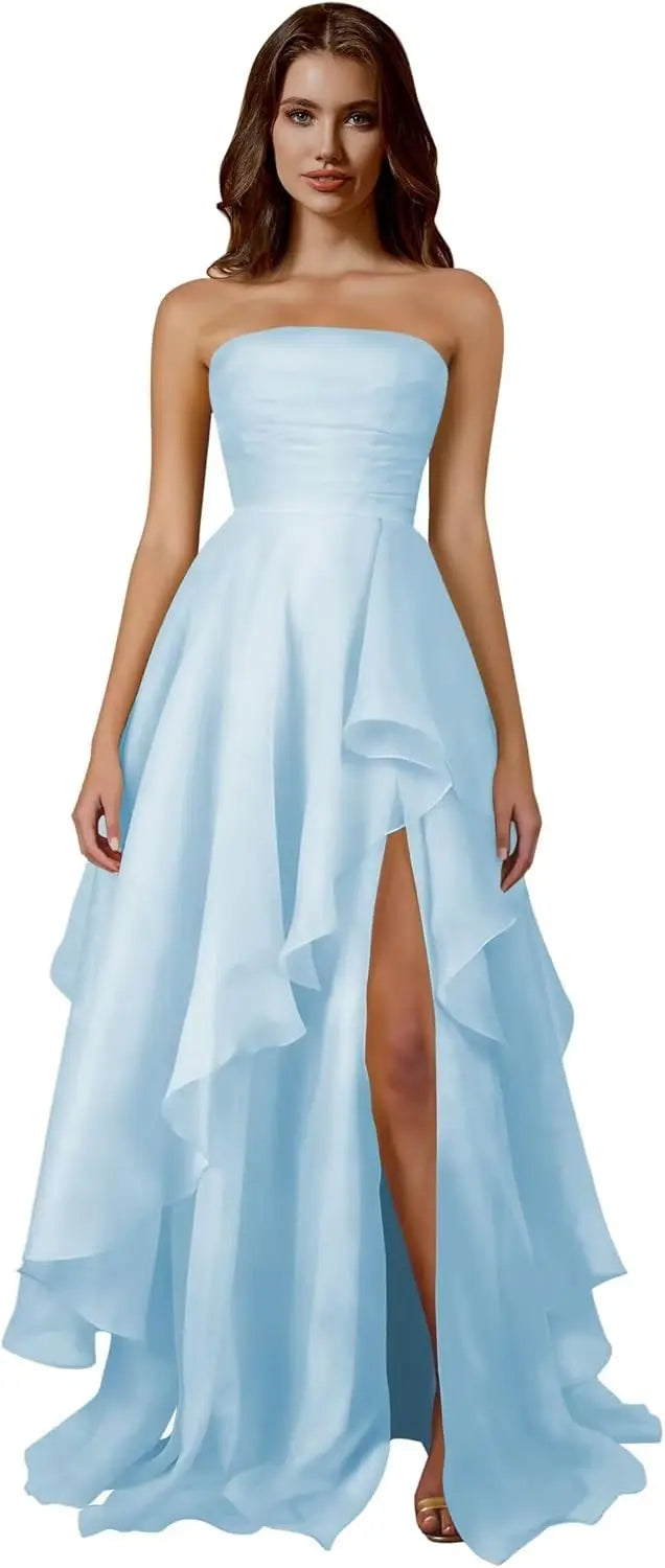 Strapless Tiered Prom Dresses Long Ruffle Tulle A Line Evening Ball Gown Dresses with Slit