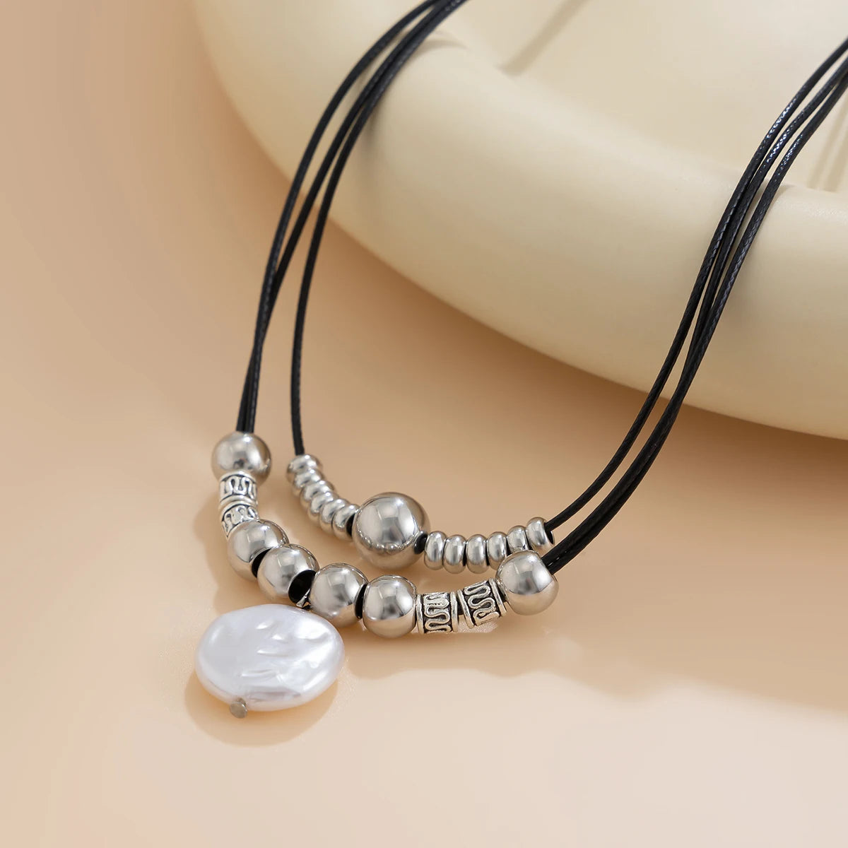 KunJoe Vintage Multilayer Leather Rope Chain Plastic Beads Choker Short Necklace Women Simple Imitation Pearl Pendant Necklace