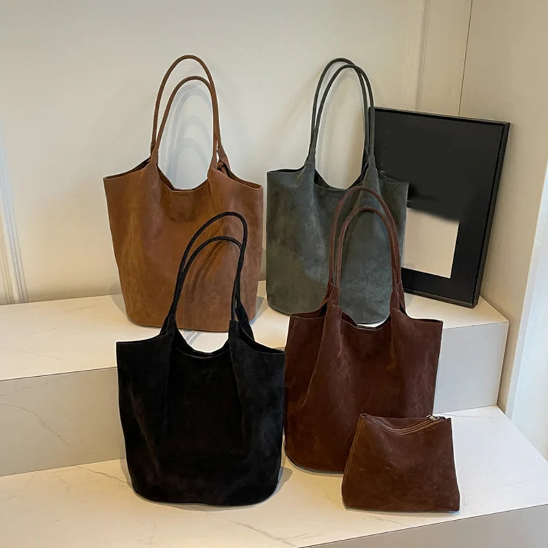 Retro Women's Suede Shoulder Bag New Solid Colors High Capacity Casual Tote Zippered Versatile Sewing Thread for Crafting