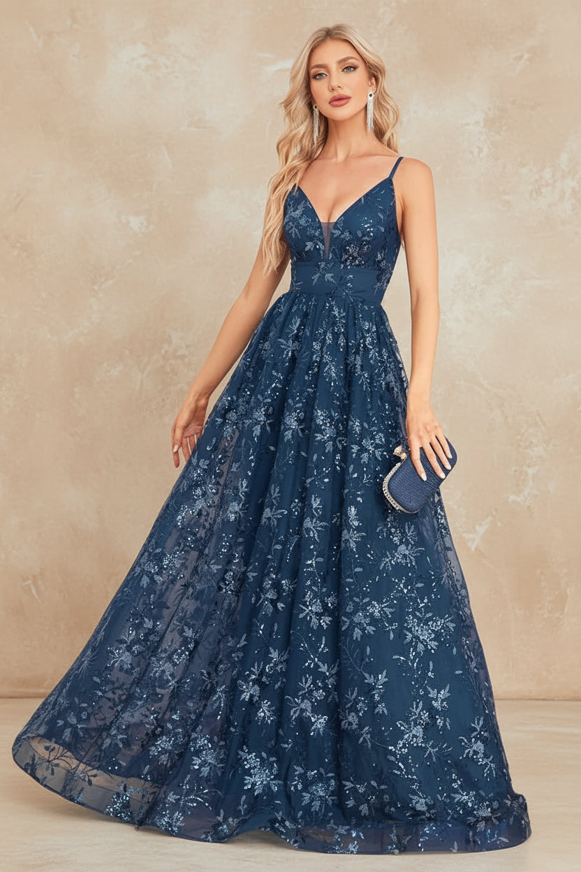 Elegant Sequins Sexy Backless Evening Dress For Women Deep V-neck Prom Party  Dress Floor Length Blue Formal Gowns