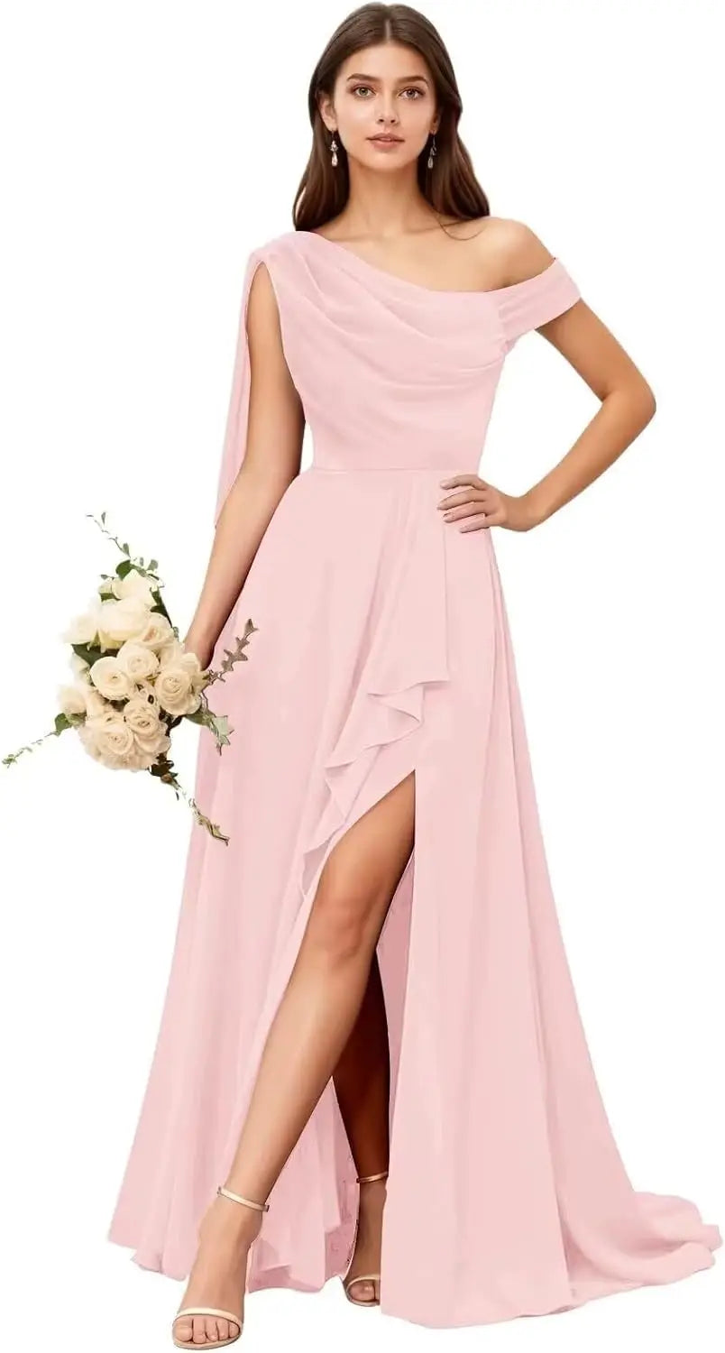 Chiffon One Shoulder Bridesmaid Dresses for Women with Pleated Ruffles A Line Long Formal Dress with Slit
