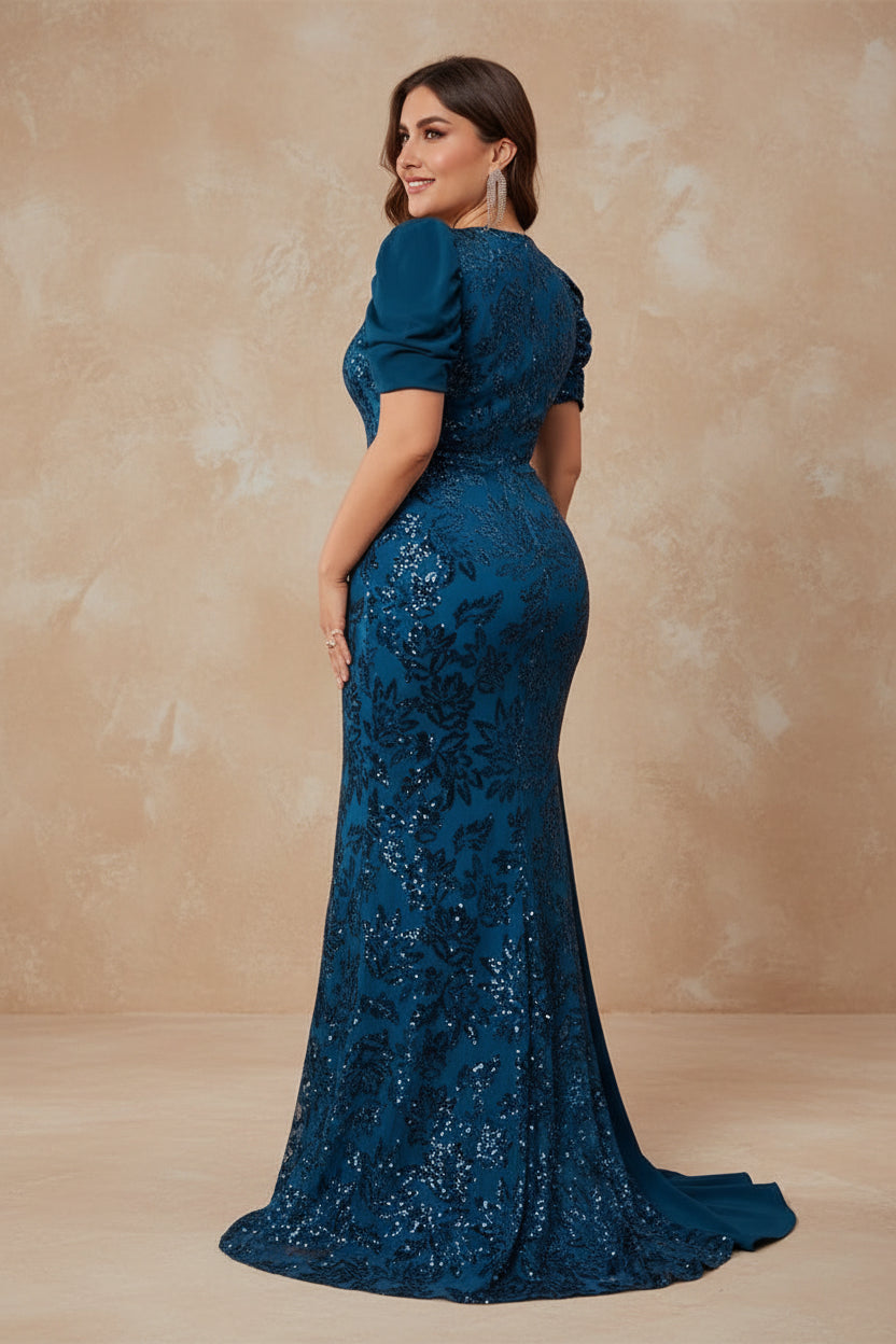 Plus Size Elegant V-neck Sequins Evening Dress Women Short Sleeves Mermaid Formal Luxury Party Streamer Prom Dress