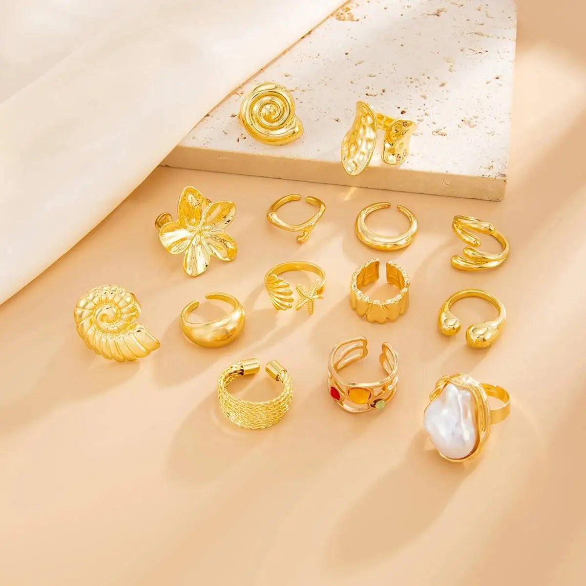 Salircon 14 Pcs/Set Hip Hop Creative Flower Conch Rings for Women Men Punk Gold Color Imitation Pearl Knuckle Joint Ring Jewelry