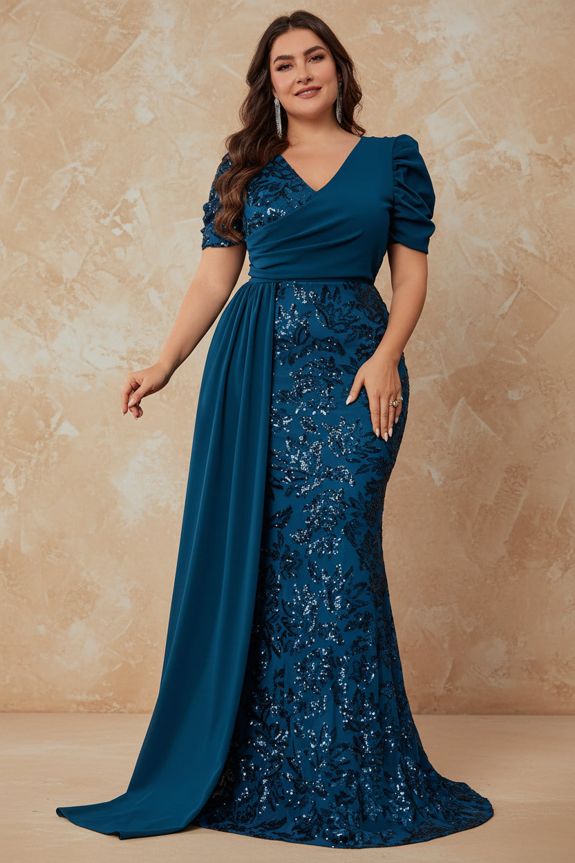Plus Size Elegant V-neck Sequins Evening Dress Women Short Sleeves Mermaid Formal Luxury Party Streamer Prom Dress