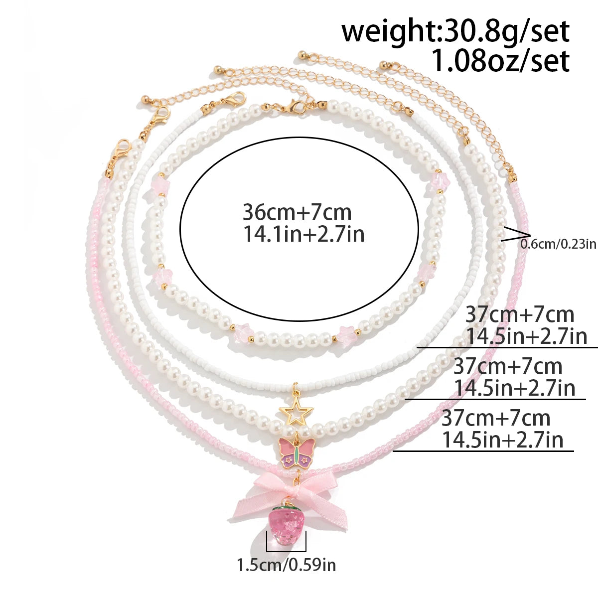 Salircon Romantic Lovely Pink Strawberry Bowkont Pendant Women Necklace Set Elegant Multilayer Imitation Pearl Choker Jewelry