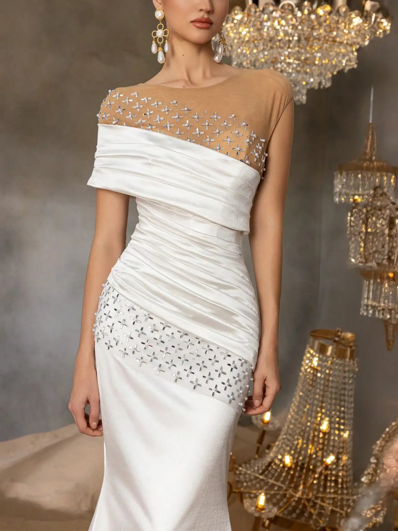 Elegant rhinestone-detailed pleated front panel beaded mesh and satin wedding dress