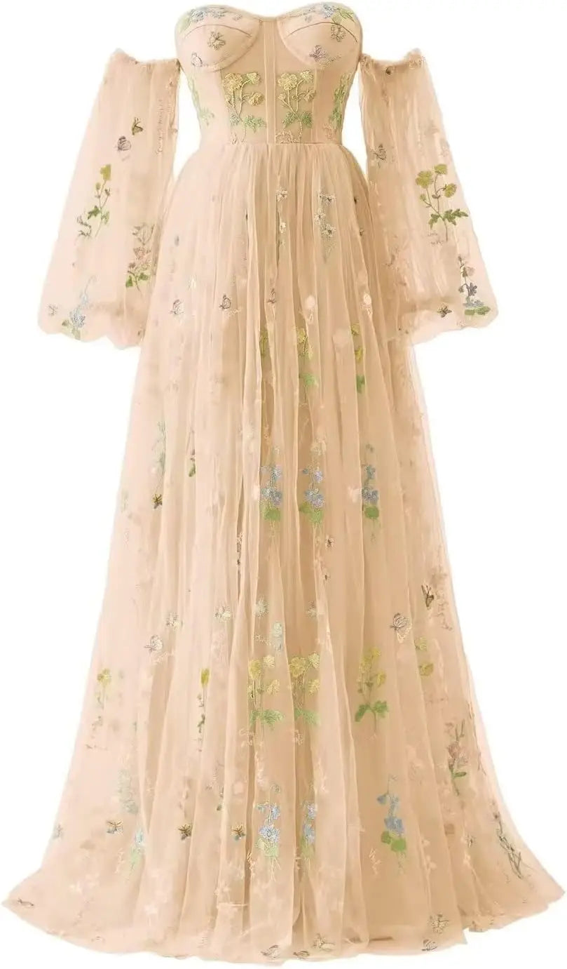 Tulle Prom Dresses for Women Flower Embroidery A-Line Formal Evening Party Gowns Formal Dress Women Elegant Evening Dress