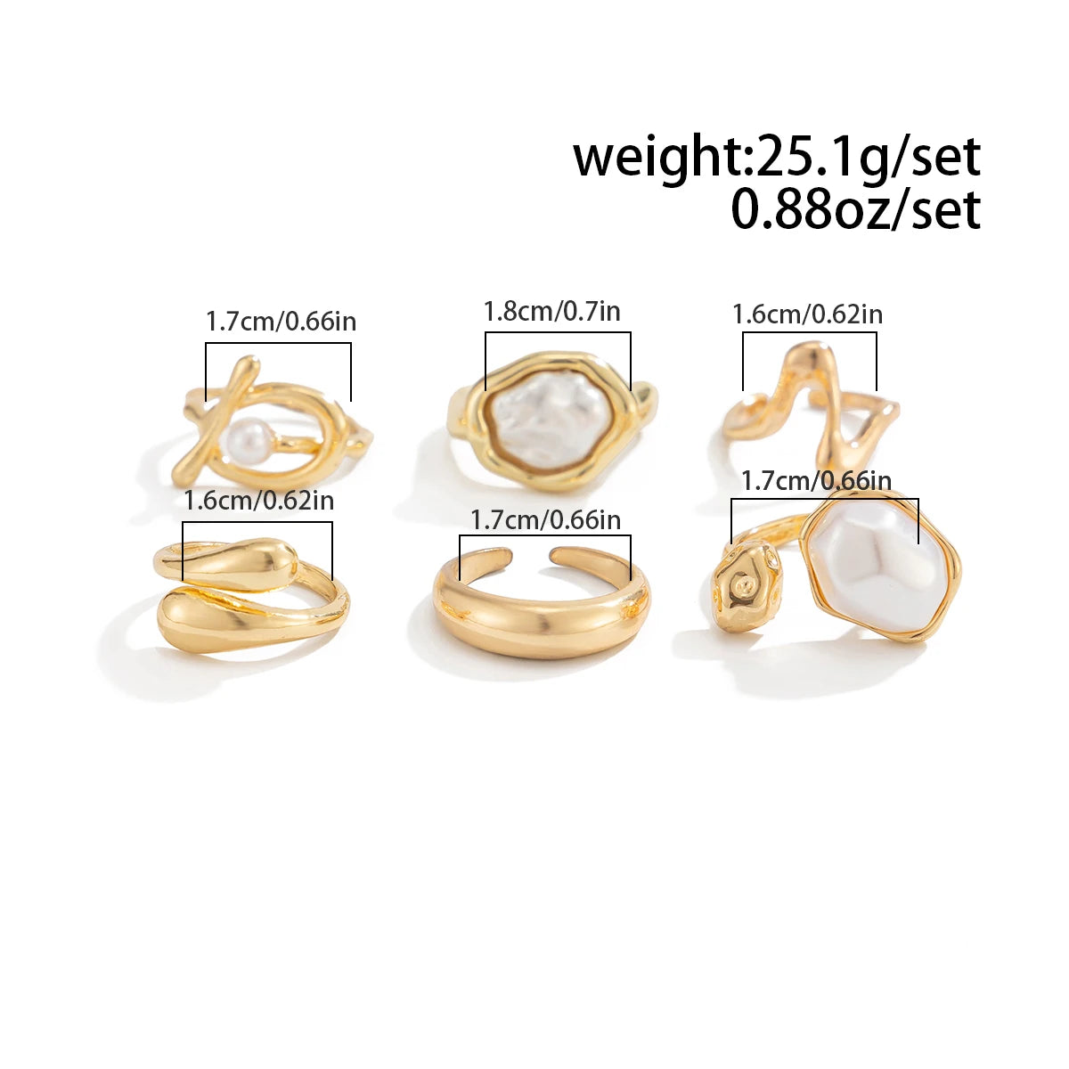 Ingemark 6Pcs/Set Boho Imitation Pearls Metal Ring Women Trendy Punk Irregular Geometry Hollow Wide Knuckle Ring Set New Jewelry