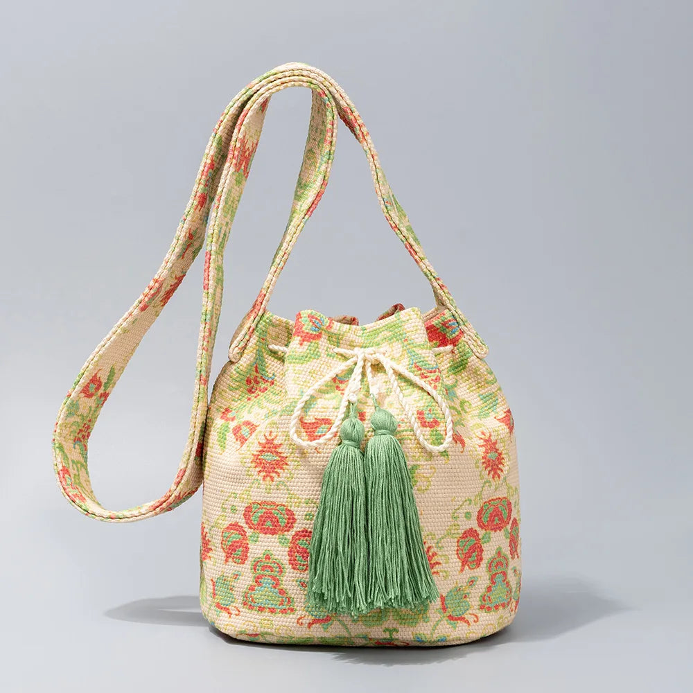 Boho style embroidered bucket bag