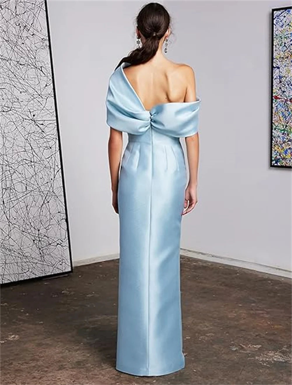 Women Mermaid Satin Floor Length Evening Gowns Sheath High Side Slit One Shoulder Ruched Backless Wedding Guest Dress