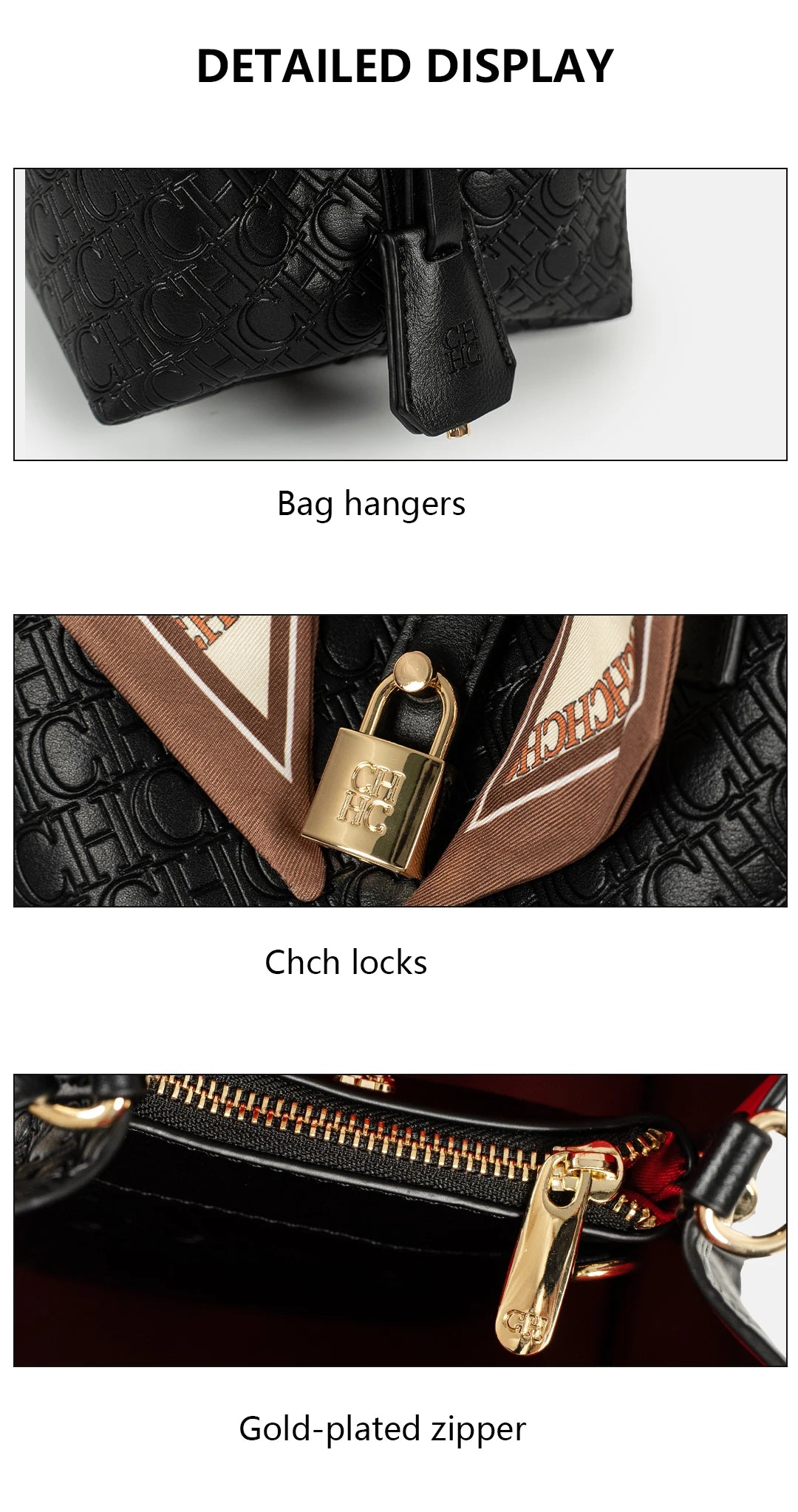 CH Womens Embossed Leather Bucket Bag with Silk Scarf Lock Decor Luxury Designer Handbag Large Capacity Crossbody Tote