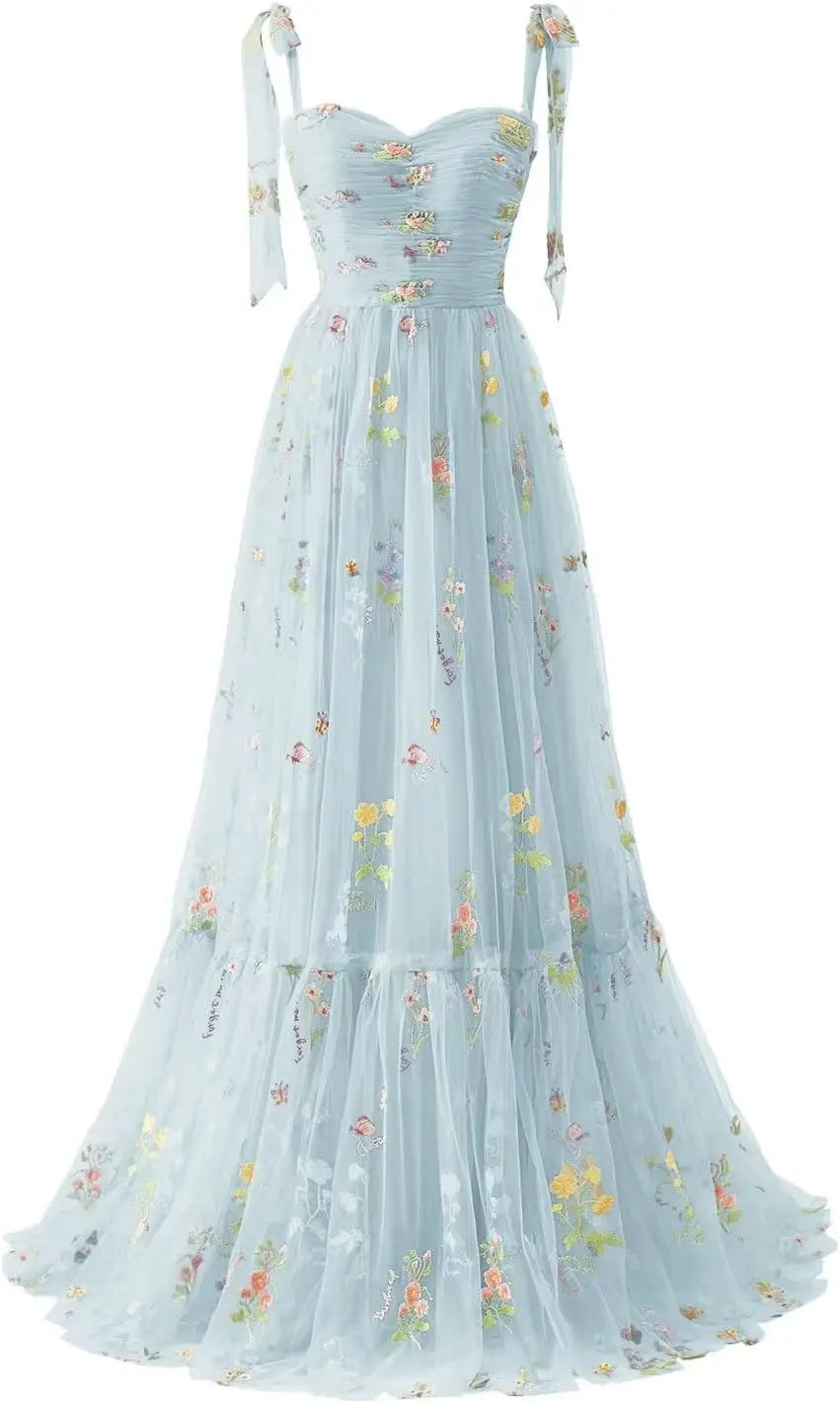 Tulle Prom Dresses for Women Flower Embroidery A-Line Formal Evening Party Gowns Formal Dress Women Elegant Evening Dress