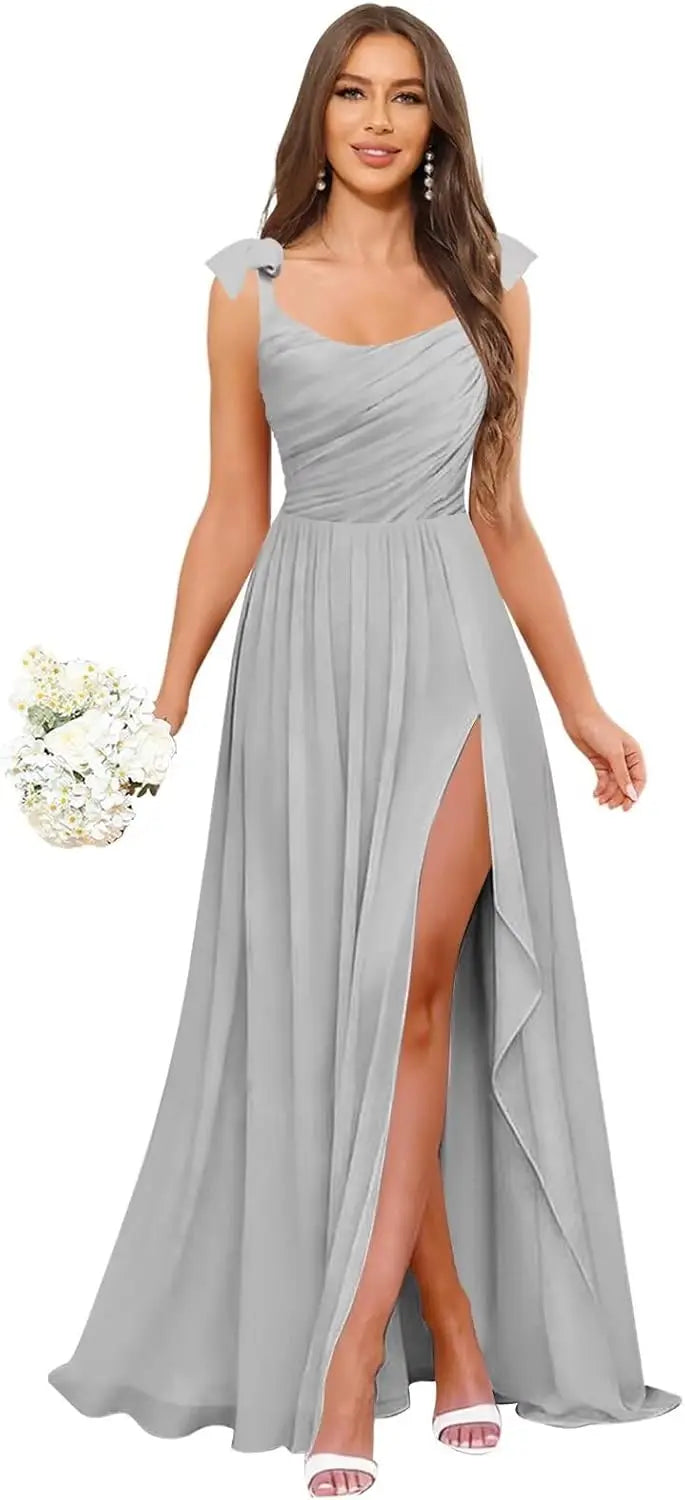 Square Neck Bridesmaid Dress with Ruffle Slit Chiffon Spaghetti Straps Ruched Bust Long Formal Prom Wedding Guest Gown