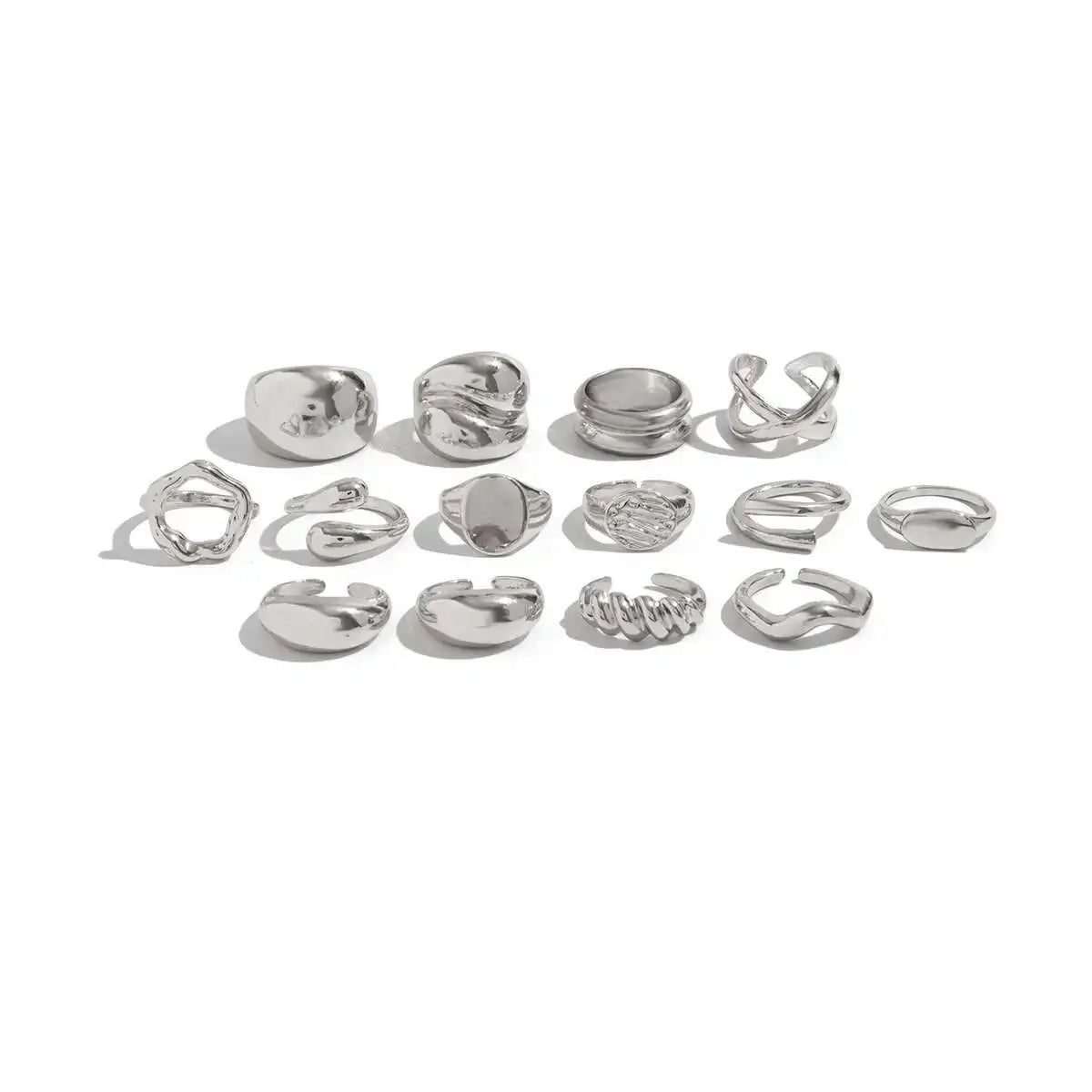 Salircon 14Pcs/Set Unique Creative Smooth Water Drop Rings for Women 2025 Punk Geometric Adjustable Finger Ring Couple Jewelry