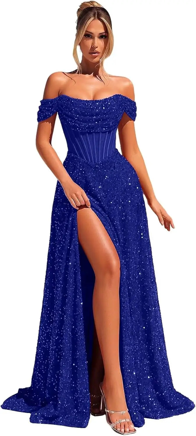 Customized Sparkly Sequins Prom Dresses for Women Off Shoulder Strapless A Line Formal Evening Dress with Side Slit