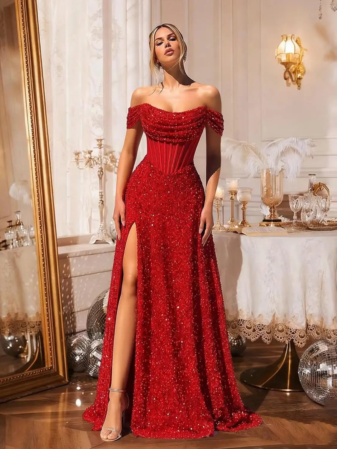 Customized Sparkly Sequins Prom Dresses for Women Off Shoulder Strapless A Line Formal Evening Dress with Side Slit