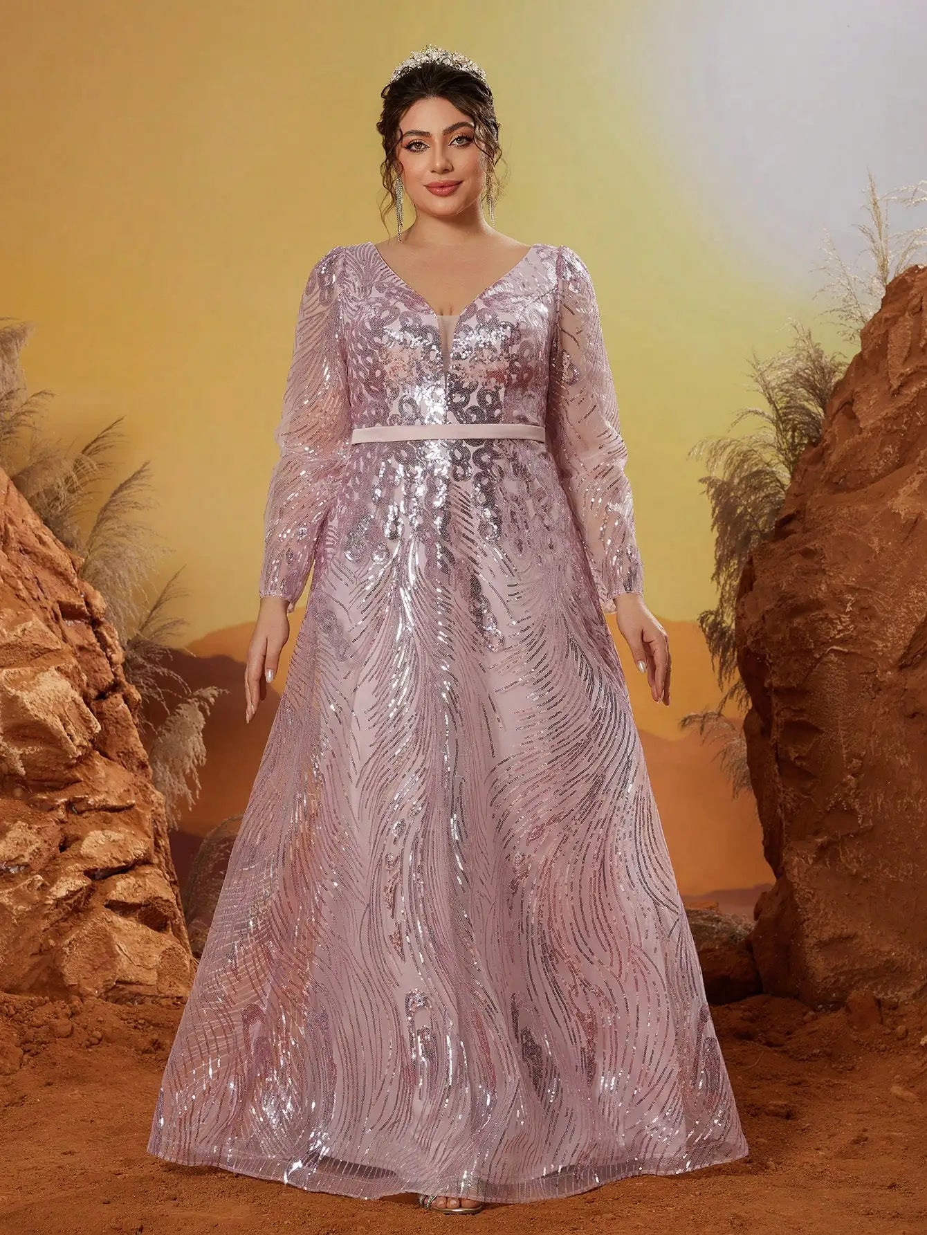 Mgiacy New Arrival V neck Noble Large size Evening gown dress Sequin belt Long dress