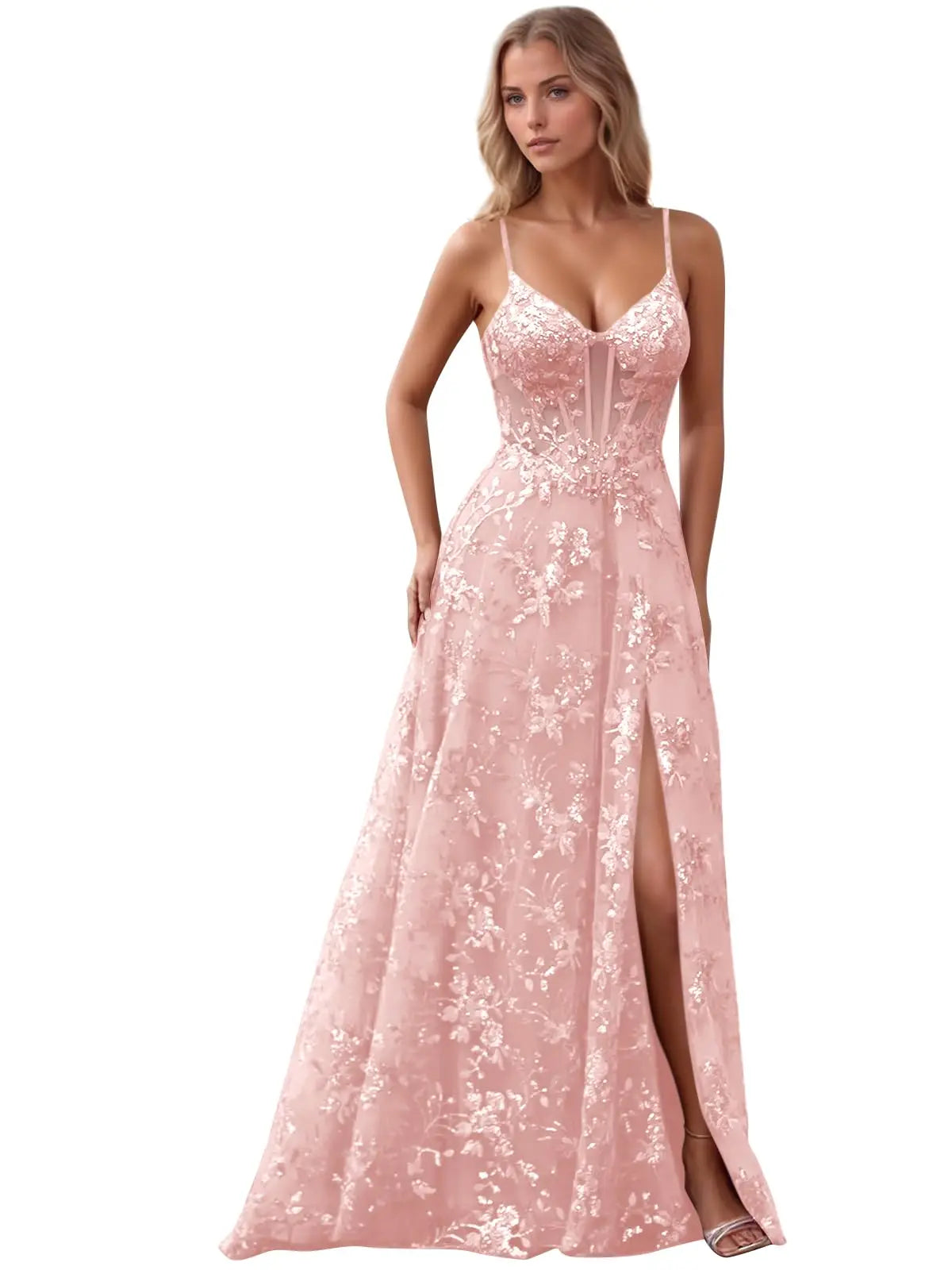 Spaghetti Strap Tulle Appliques Prom Dresses with Slit V Neck Sequin Evening Gown Women Formal Pageant Dress Long Party Dresses