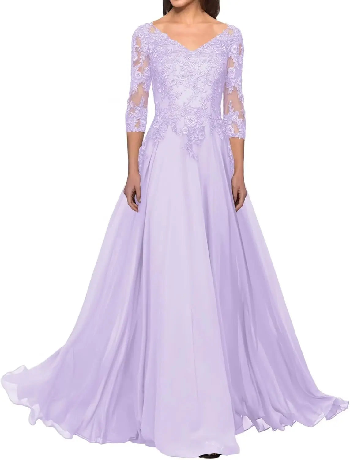 Elegant V Neck Lace Applique 3/4 Sleeve Mother of The Bride Dresses Chiffon A-Line Formal Evening Party Gowns