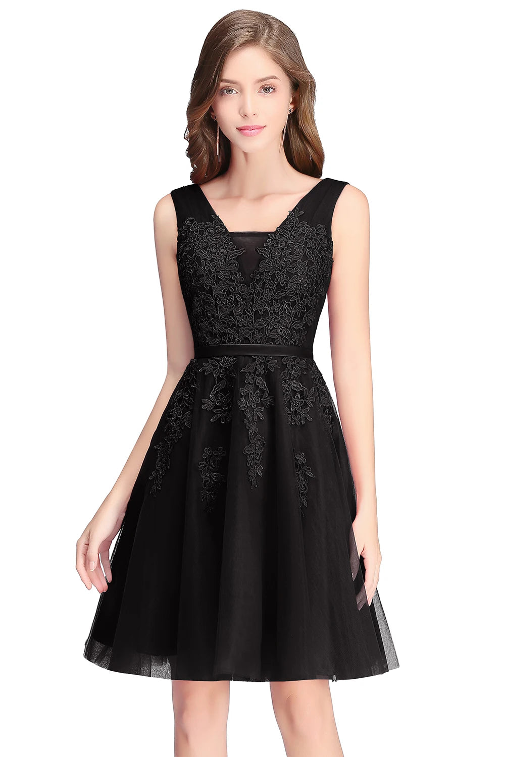 BABYONLINE Burgundy Bridesmaid Dresses with Lace Appliqué, V-Back & Flowy Tulle Skirt for Weddings,Elegant Short Party Dress
