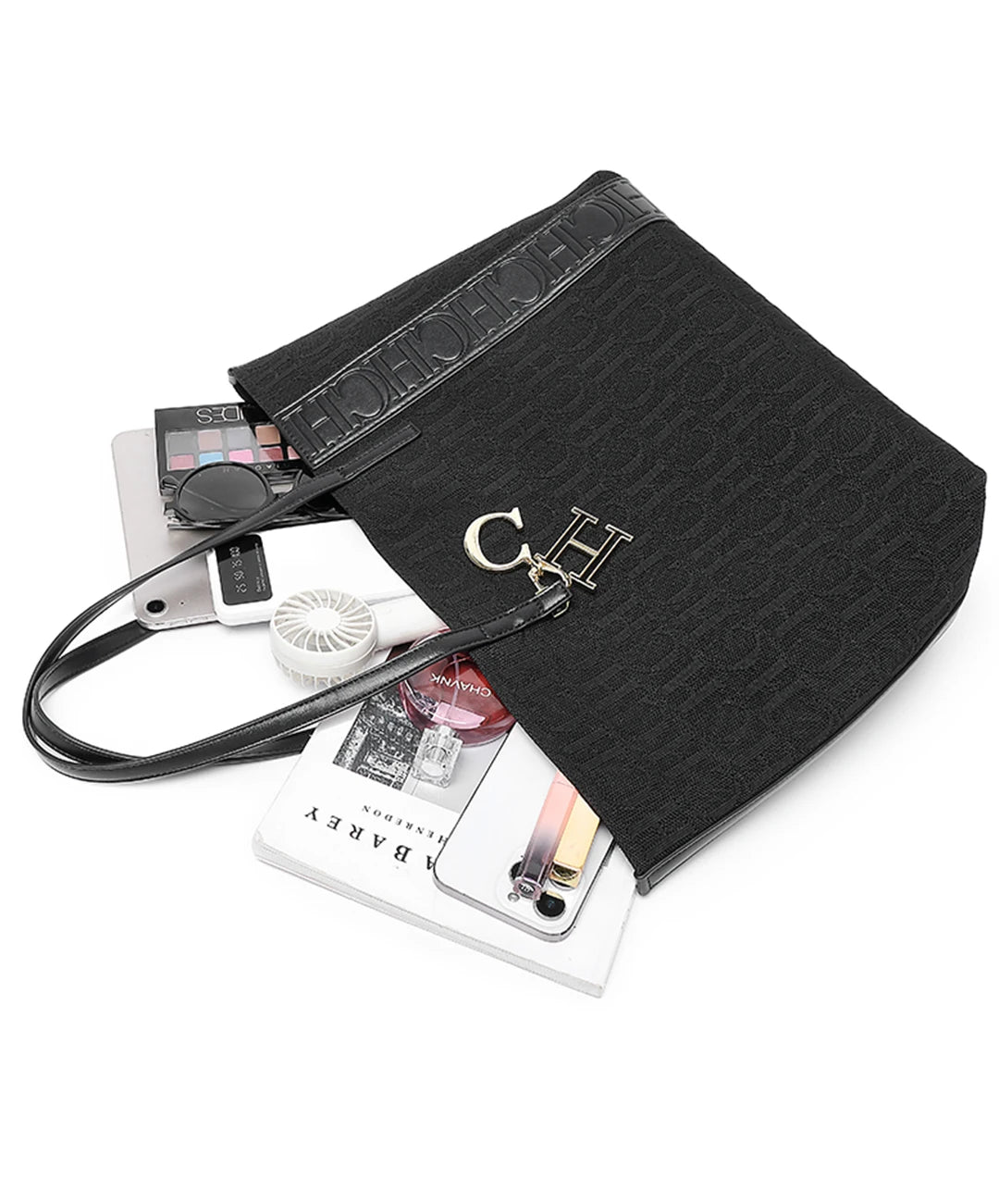 CH Fashion Women's Large Capacity Tote Bag Monogram Embossed Handbag with Metal Daily Commute Work Shoulder Bag