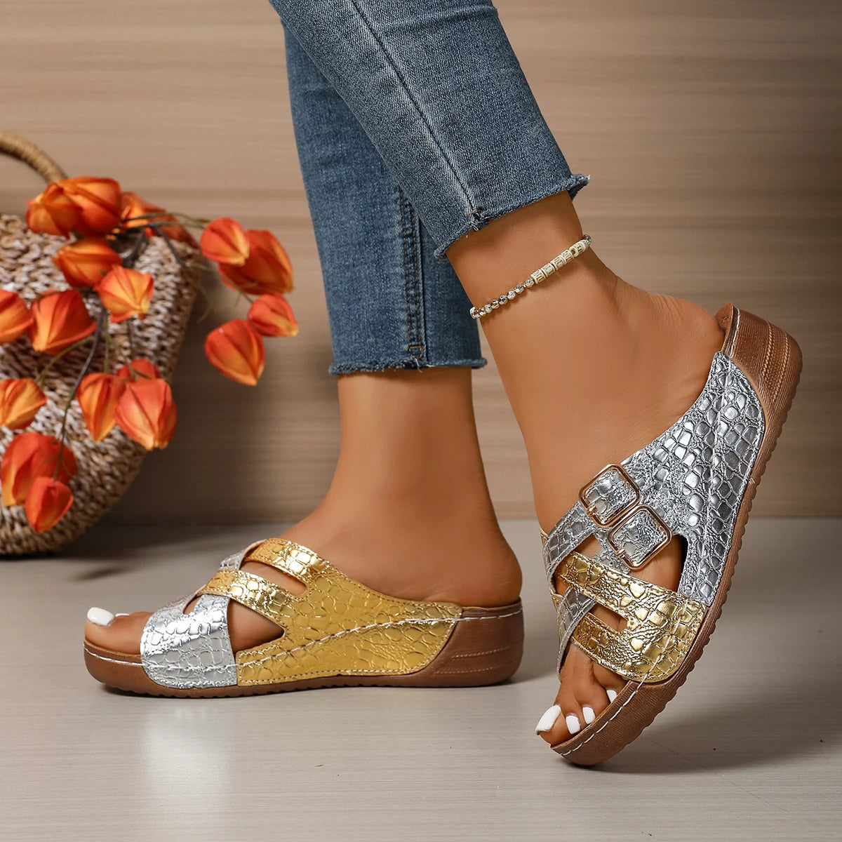 Women's Sandals New Wedge High Heels Sandals Summer Shoes Women's Mixed Color Summer Slippers Fashionable Hot Selling High Heels