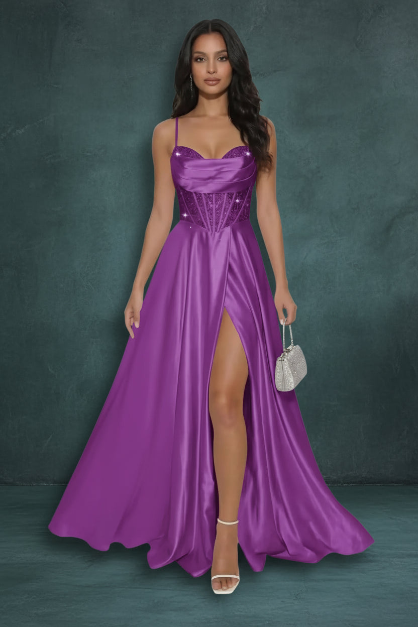 Pleated Satin A Line Prom Dresses for Women Spaghetti Straps Sequin Corset Formal Dress with Slit Formal Dress Women Elegant
