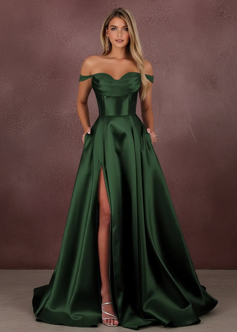 Satin Prom Dress for Women Off The Shoulder Formal Evening Dresses with Slit Sweetheart Ball Gown