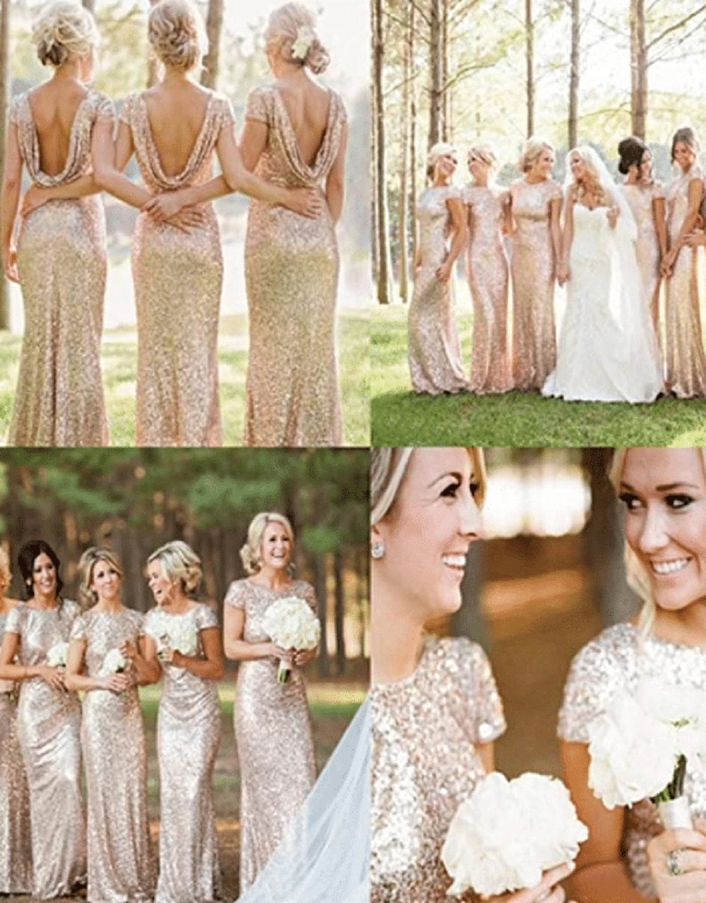 Champagne Sequins Bridesmaid Dresses Mermaid Rose Gold Short Sleeves O Neck Burgundy Summer Formal Wedding Party Guest Gown