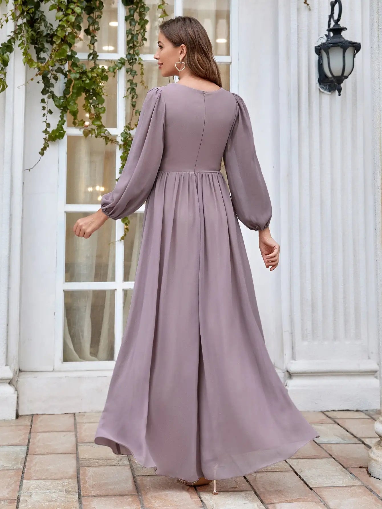 Mgiacy V-neck long sleeve beaded print extra long chiffon Dress
